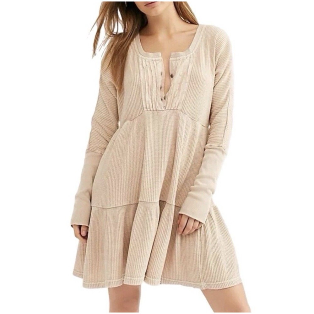 FREE PEOPLE FP ONE JOLENE THERMAL HENLEY TIERED MINI DRESS SAND Sz L